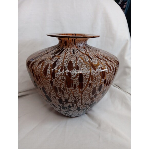 Maestri Vetrai Vase BrownWhite Lace Hand Blown Italian Art Glass 9” EUC